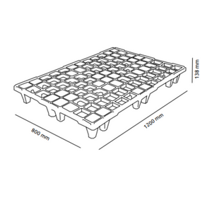 Pallet in plastica (PPR), bancale Mis. 800 L x 1200 P x 138 H mm, piano forato, portata statica 1600 Kg, portata dinamica 900 Kg