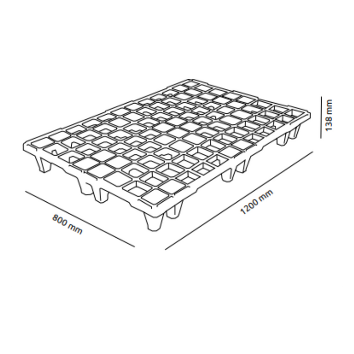 Pallet in plastica (PPR), bancale Mis. 800 L x 1200 P x 138 H mm, piano forato, portata statica 1600 Kg, portata dinamica 900 Kg