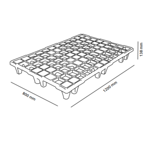 Pallet in plastica (PPR), bancale Mis. 800 L x 1200 P x 138 H mm, piano forato, portata statica 1600 Kg, portata dinamica 900 Kg