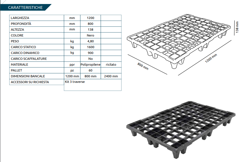 Pallet in plastica (PPR), bancale Mis. 800 L x 1200 P x 138 H mm, piano forato, portata statica 1600 Kg, portata dinamica 900 Kg