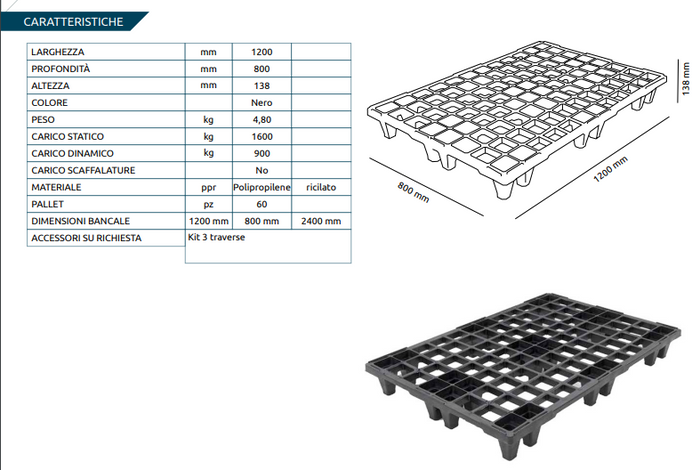 Pallet in plastica (PPR), bancale Mis. 800 L x 1200 P x 138 H mm, piano forato, portata statica 1600 Kg, portata dinamica 900 Kg