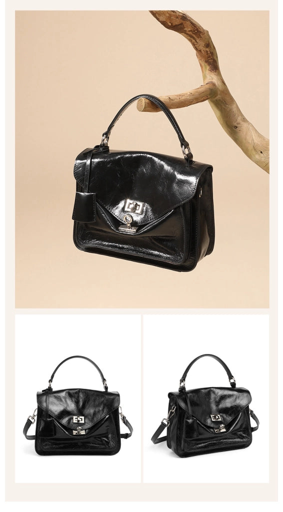 Borsa a tracolla da donna in vera pelle, modello tote/hobo, nera.