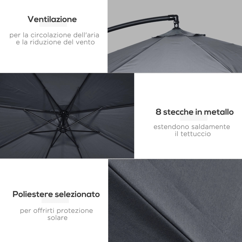 Ombrellone da Giardino 3x3 m con Zanzariera, Apertura a Manovella e Base a Croce, Grigio Scuro