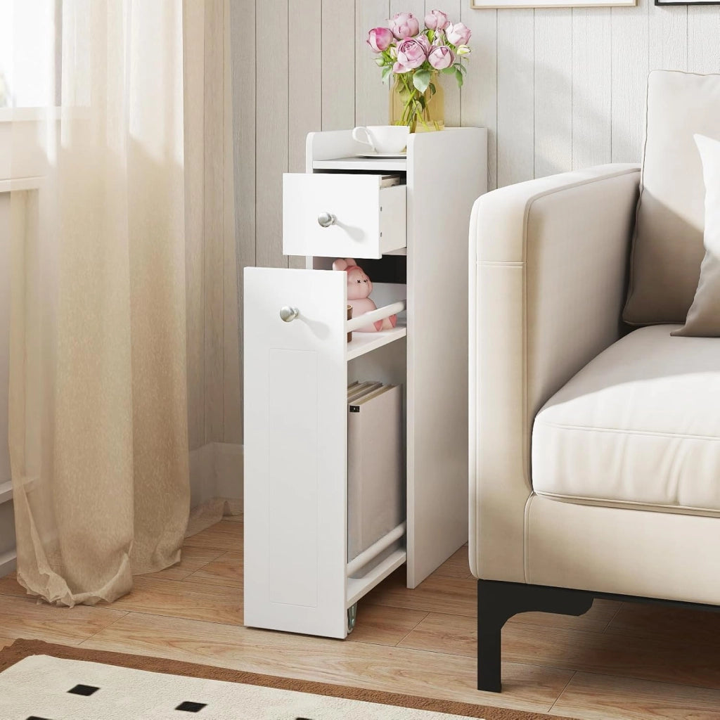 Mobiletto Bagno Salvaspazio, Stretto, 18x40x70cm, con Cassetto, Porta Carta Igienica, Scaffale Scorrevole con Ruote, Armadietto Bagno, Carrello, Piccolo, Moderno, in Legno (grigio)