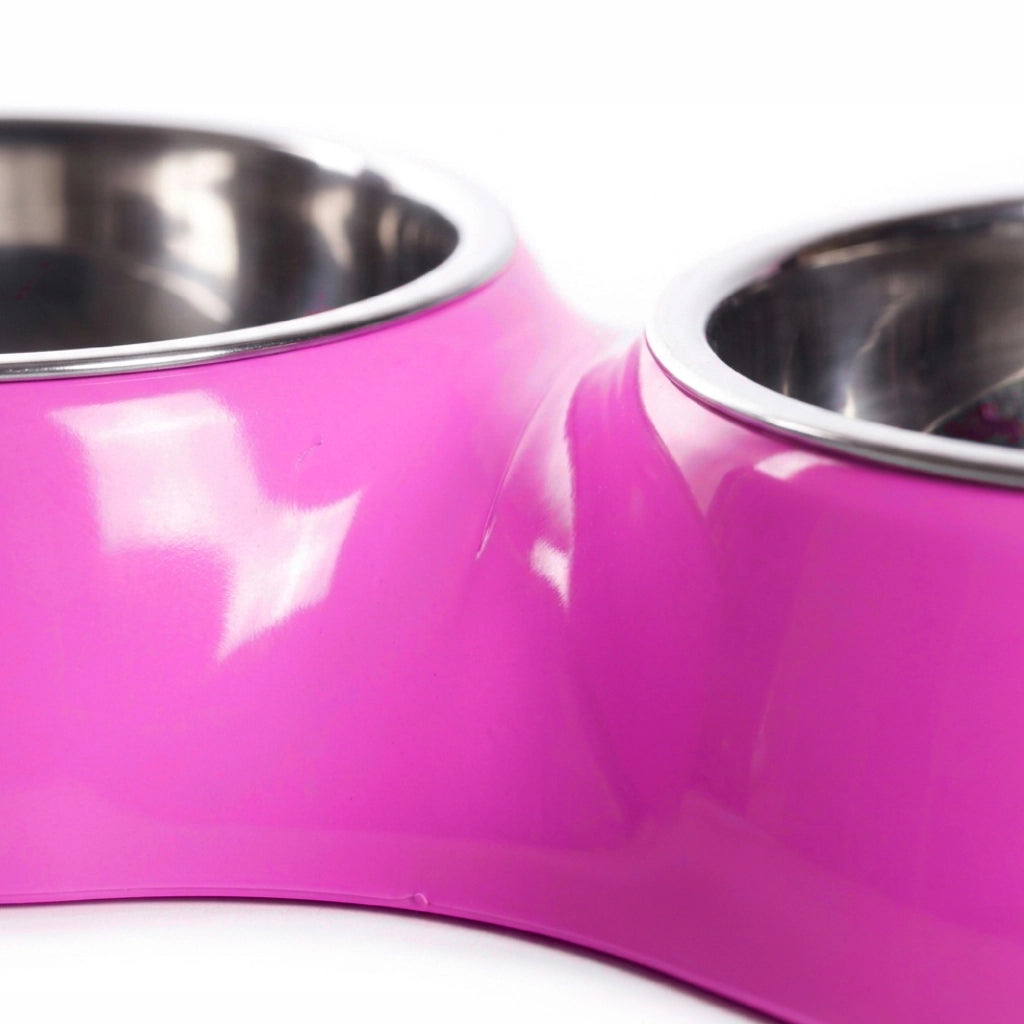 Ciotola Doppia per Cani e Gatti con 2 Vaschette in Acciaio Inox da 0,8 L, Dispenser Acqua e Cibo, Base in Plastica Resistente, 20,5 x 20,5 x 6 cm Viola