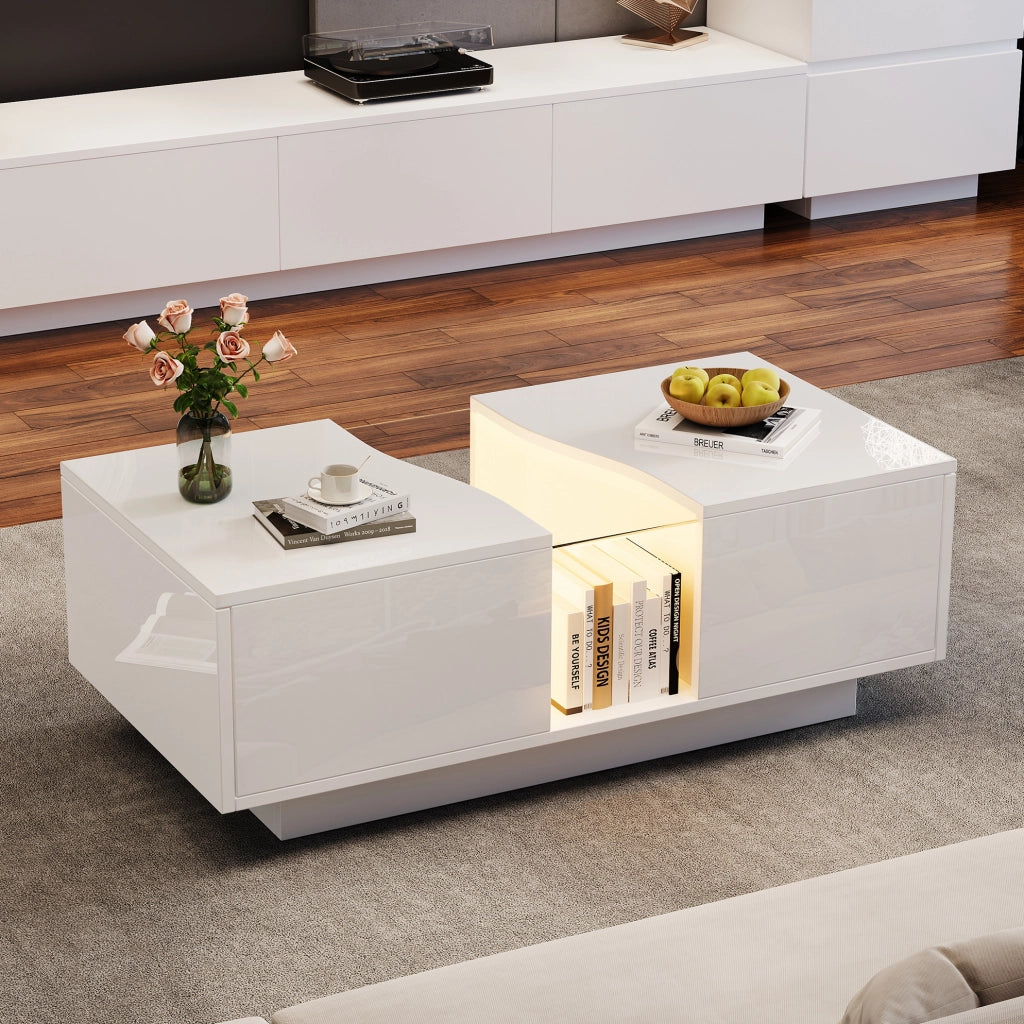 Tavolino da salotto moderno con LED; 2 cassetti; 100 x 50 x 35 cm; bianco lucido in MDF