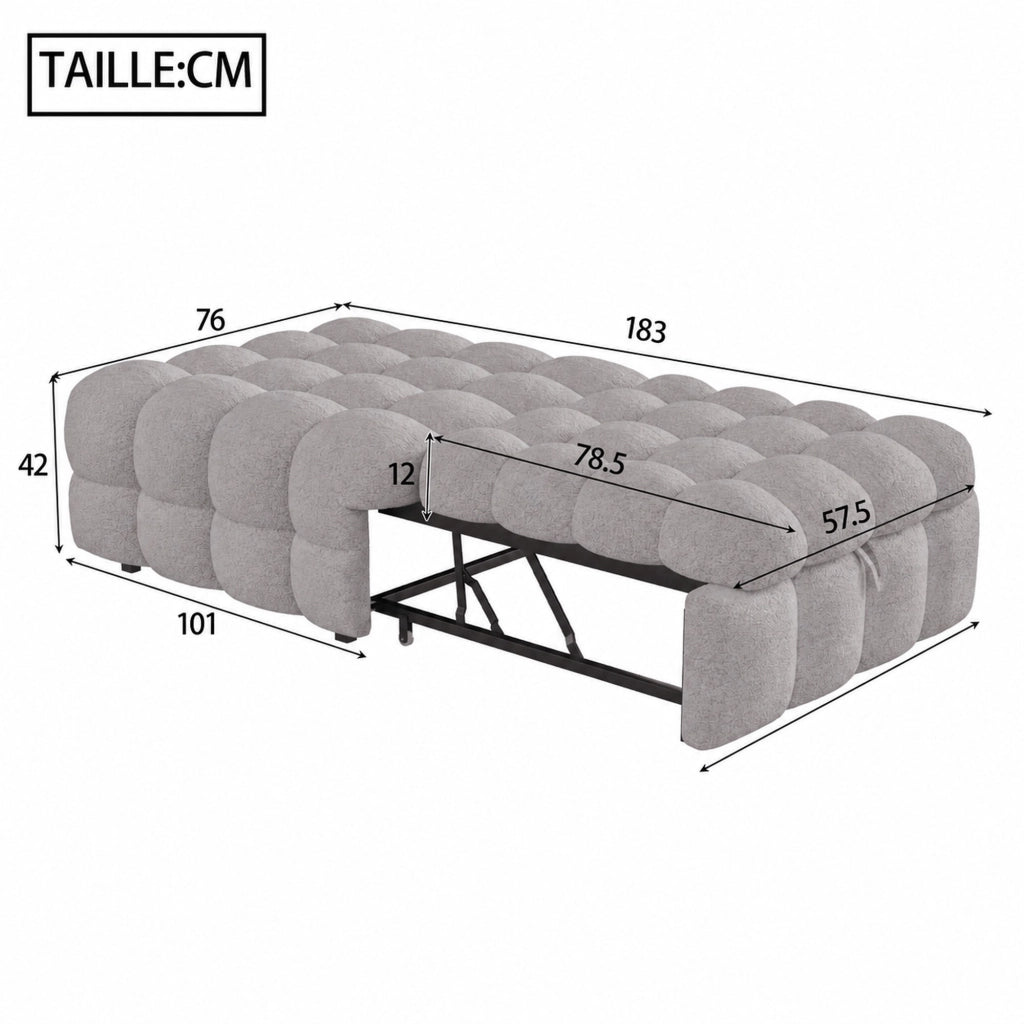 Divano letto 2 in 1 in boucl¨¦ Teddy grigio, puffo imbottito trasformabile, 183 x 76 x 42 cm