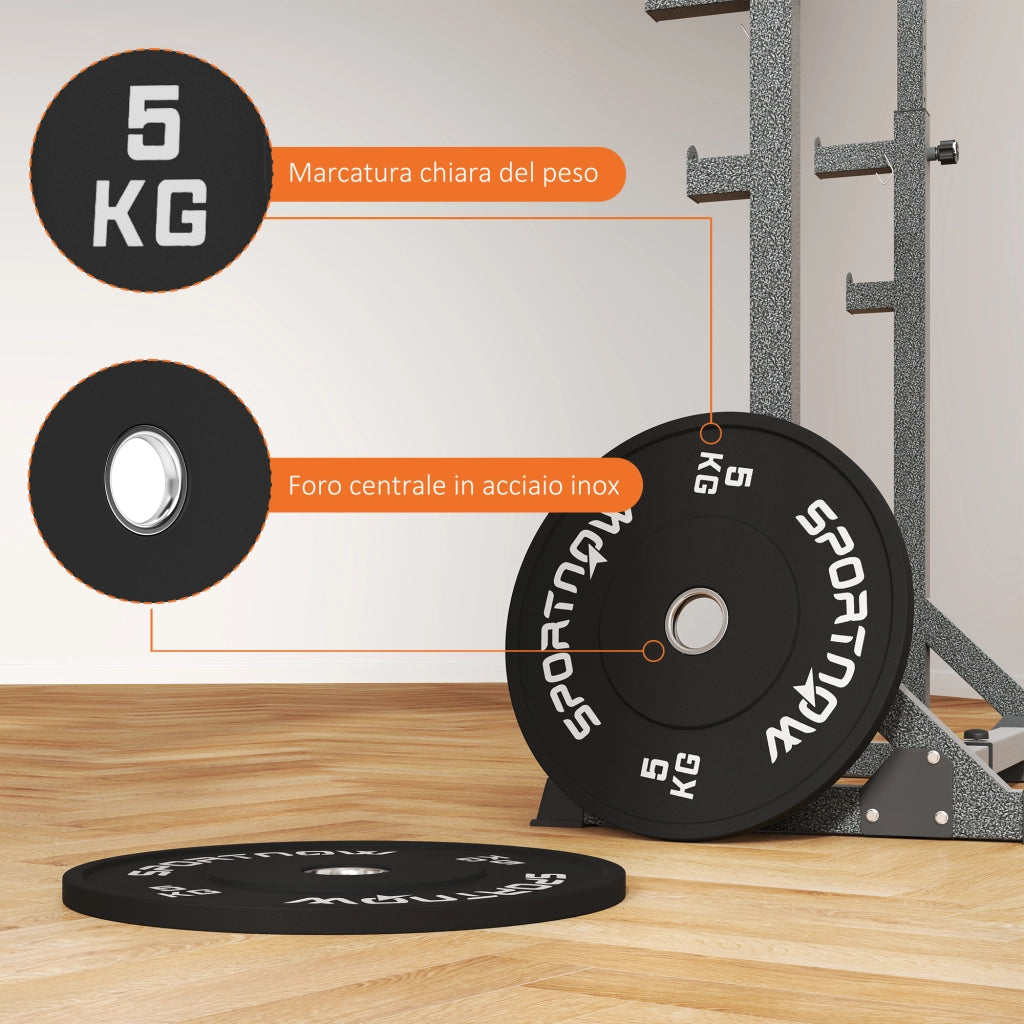 Set 2 Dischi Pesi da 5kg in Gomma con Foro da 2"/5 cm per Manubri e Bilancieri, Nero