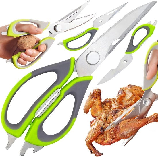 Serra da cucina in acciaio inossidabile 23 cm, Serra da cucina multifunzionale con apripomodoro, Serra da cucina universale per carne e pesce Walnoot, Serra robusta per la cucina colore grigio-verde