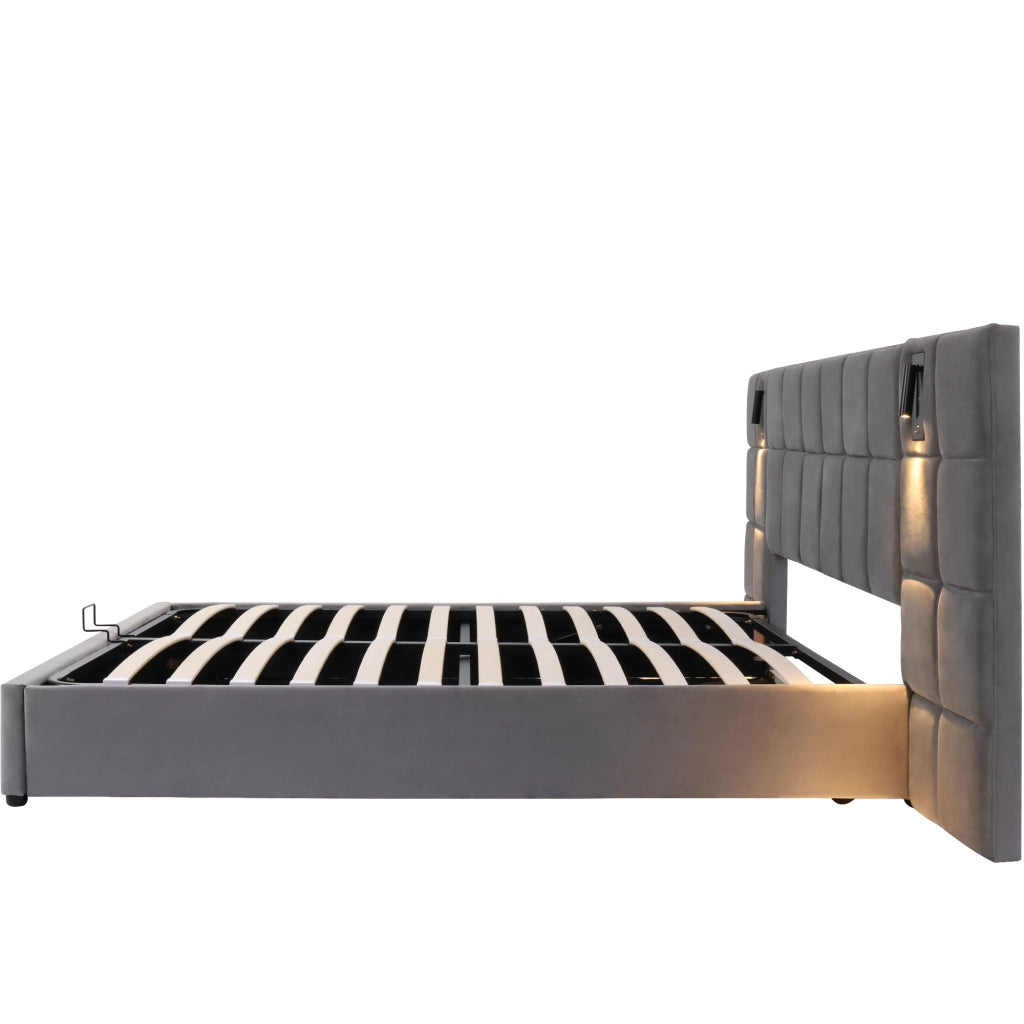 Letto imbottito matrimoniale 180x200 cm grigio con contenitore idraulico, lampada da lettura, USB e rete a doghe