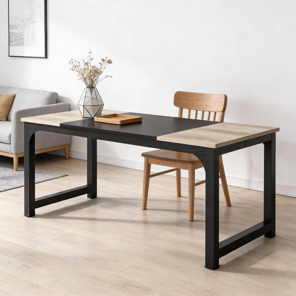Scrivania lineare per 6 persone con struttura in metallo e pannelli in legno, moderna, per ufficio e sala riunioni
