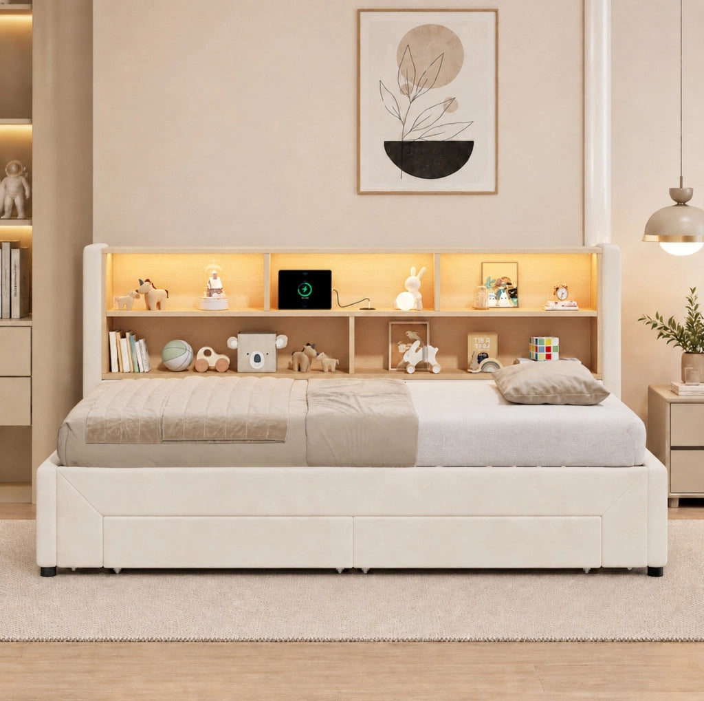 LETTO Estraibile 90x200 cm Velluto Beige con cassetti, USB e LED