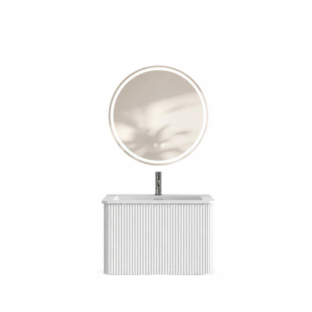 Mobile bagno sospeso con specchio tondo LED; lavabo integrato e cassetto; design rigato per bagno; bianco