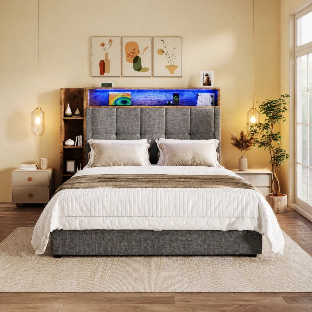 LETTO imbottito 90x200 cm grigio in lino e MDF con USB Type-C, LED e contenitore