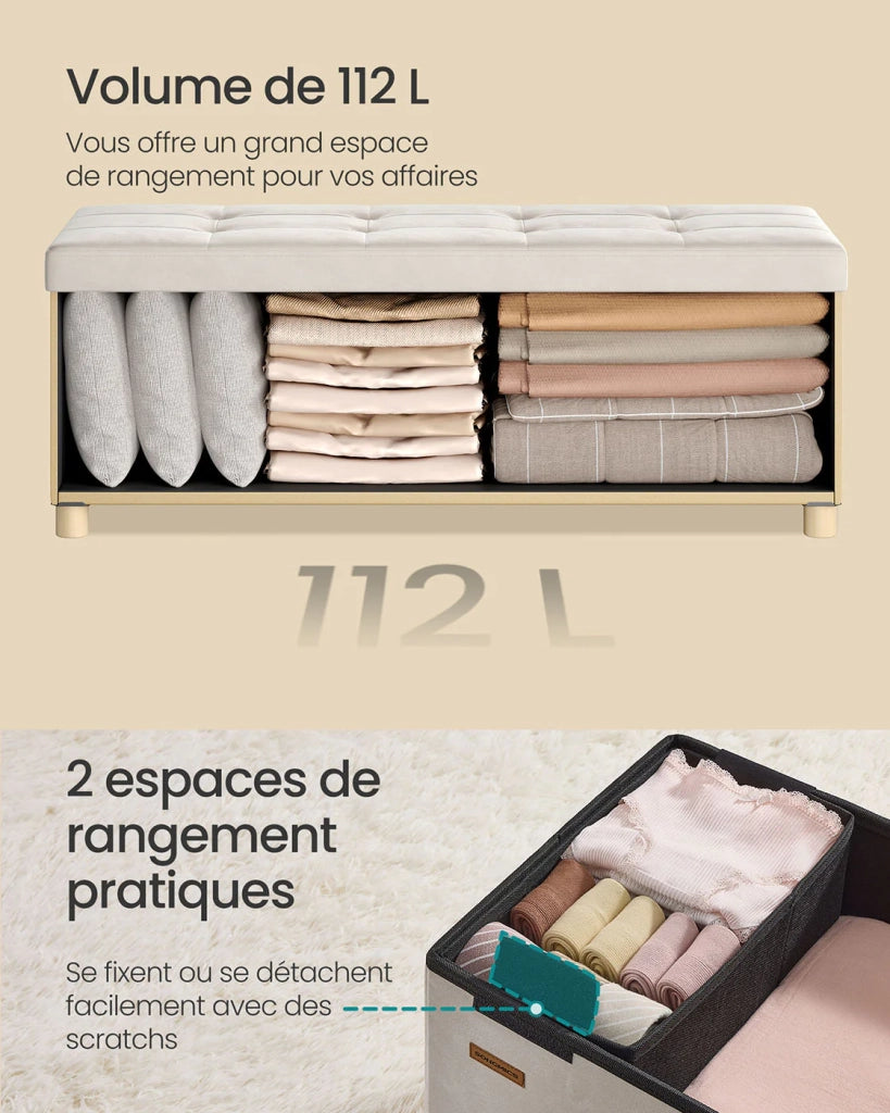 Panca contenitore pieghevole a cubo 38 x 110 x 40 cm pouf poggiapiedi 112 litri superficie in velluto per camera da letto soggiorno camerata beige 12_0004145