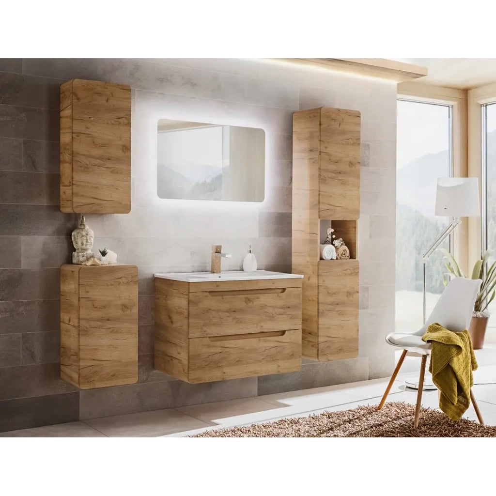 Mobile da bagno ERBANO – 1 porta – Colore rovere chiaro – Compatto e sospeso