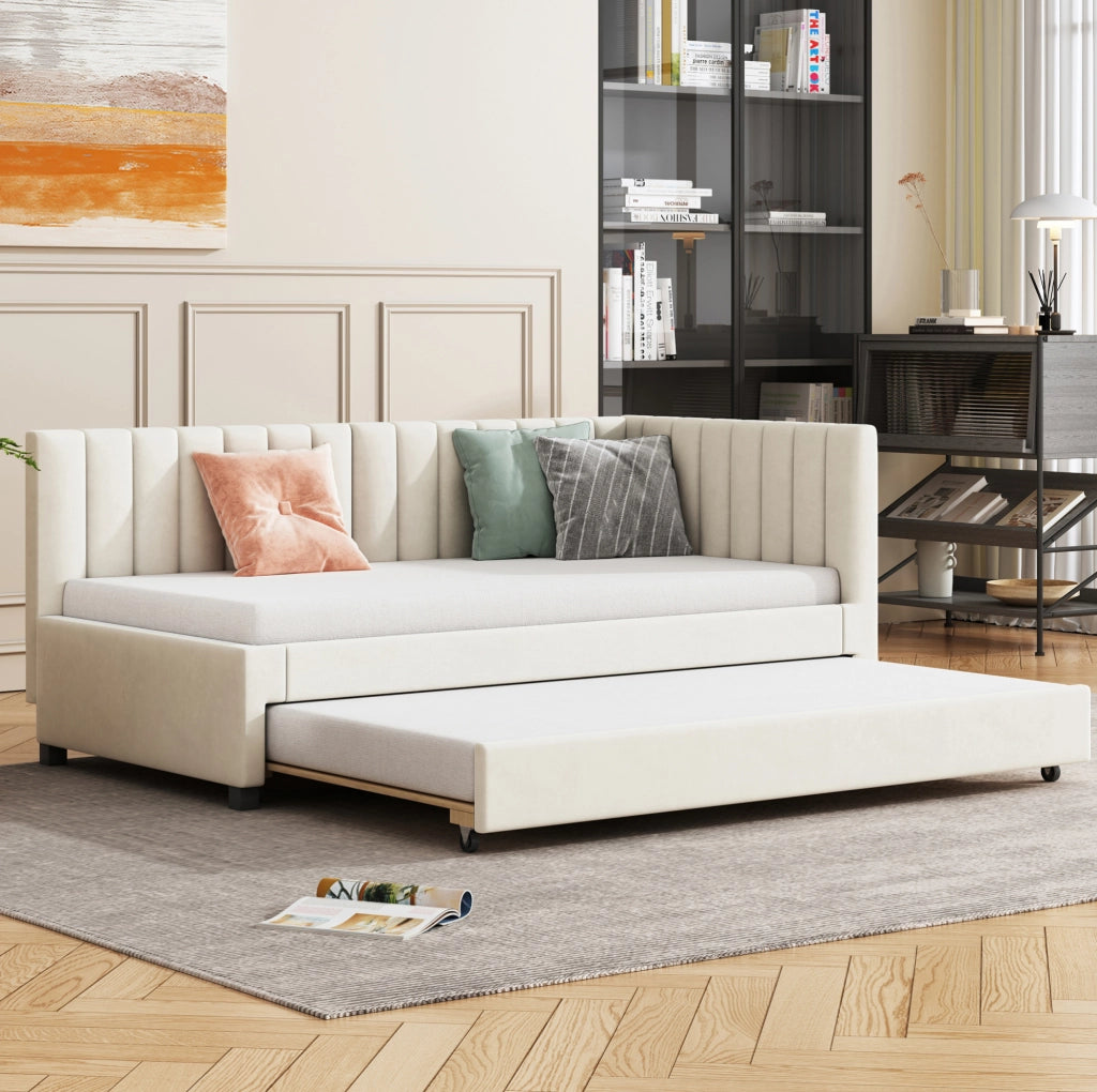Letto singolo imbottito 90×200 cm beige con letto estraibile e rete a doghe