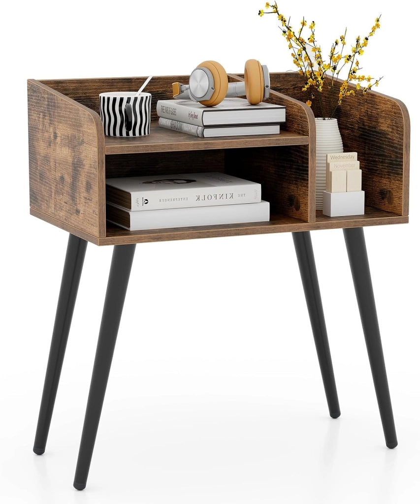 Comodino 50 x 32 x 58cm, Tavolino Moderno con Mensole Aperte, Gambe in Metallo e Poggiapiedi Regolabili, Comò Ideale per Soggiorno e Camera da Letto (Marrone,1)