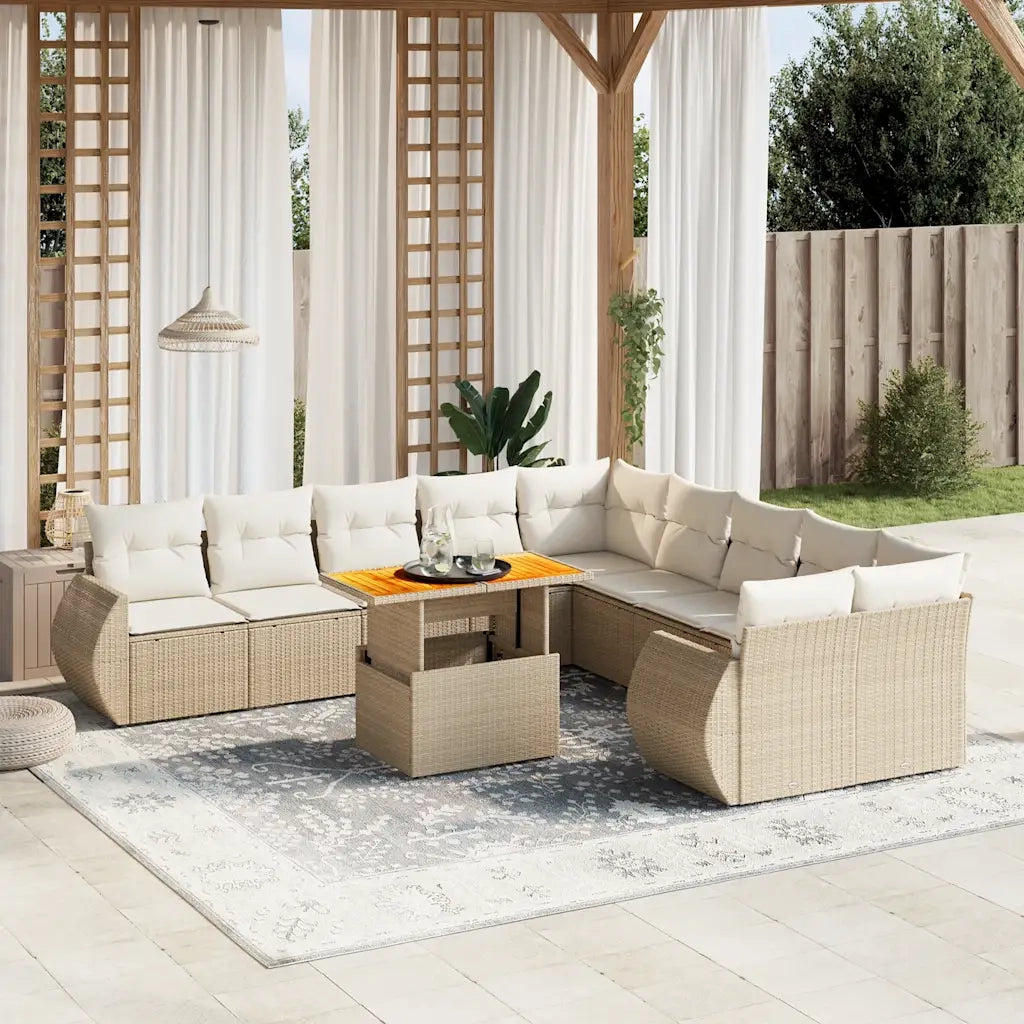 Set Divani da Giardino 11 pz con Cuscini Beige in Polyrattan