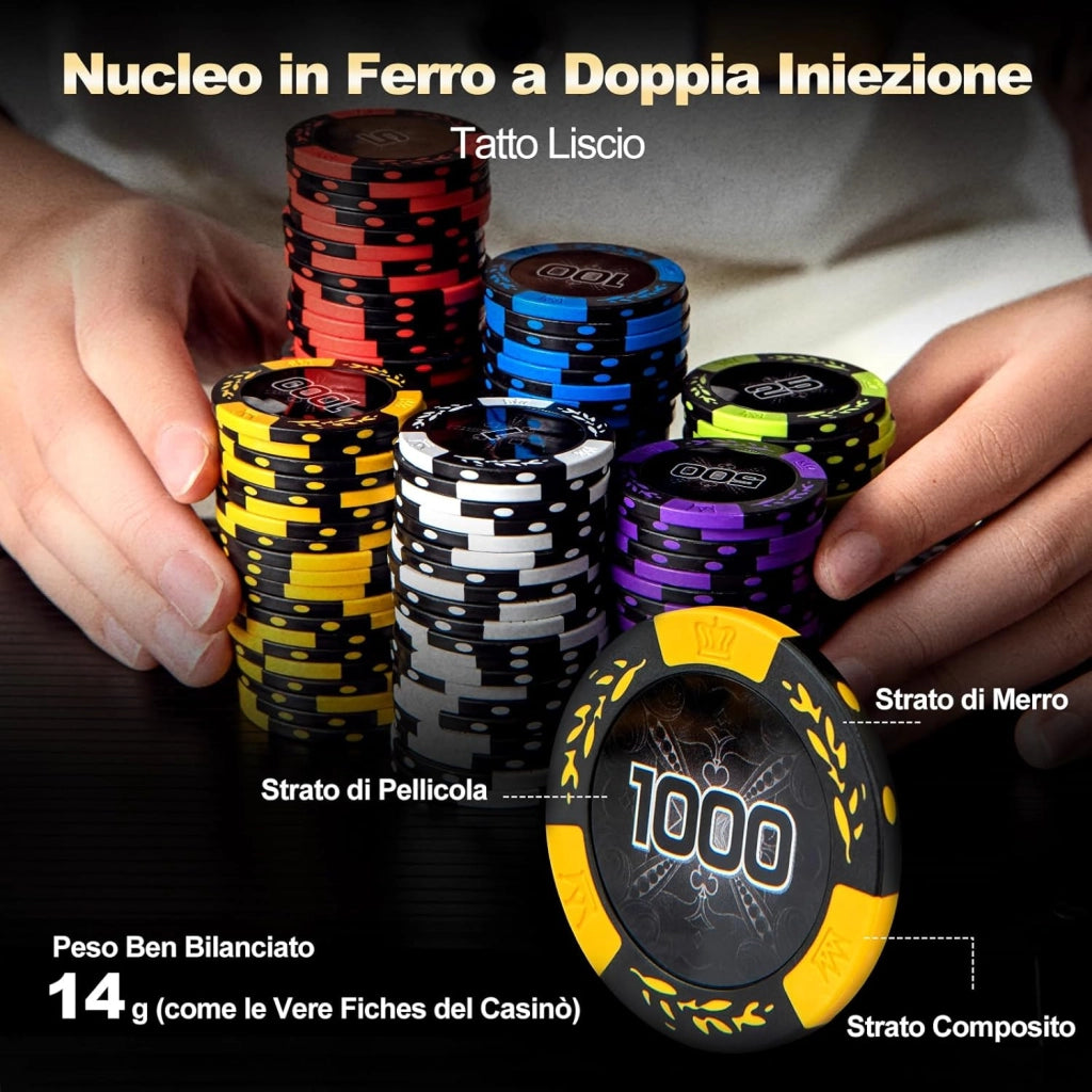 Poker Chips, Set di Fiches da Poker con 500/300 Chips e Custodia in Alluminio, Mazzo di Carte 5 Dadi, Set di Fiches per Party Viaggi e Feste (500 chips)