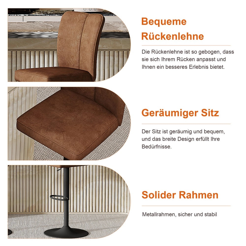 Set Bar Tavolo in Vetro 89 cm + 4 Sgabelli Girevoli ¨C Xylo ¨C Tessuto Marrone, Struttura Metallo Nero