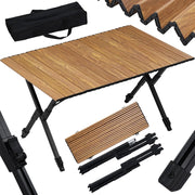 Tavolo da Campeggio Pieghevole Leggero, Tavolo da Esterno Portatile, Altezza Regolabile, Tavolo da Giardino con Piano Arrotolabile in Alluminio, Borsa Portaoggetti, Carico 50kg, Rovere Chiaro