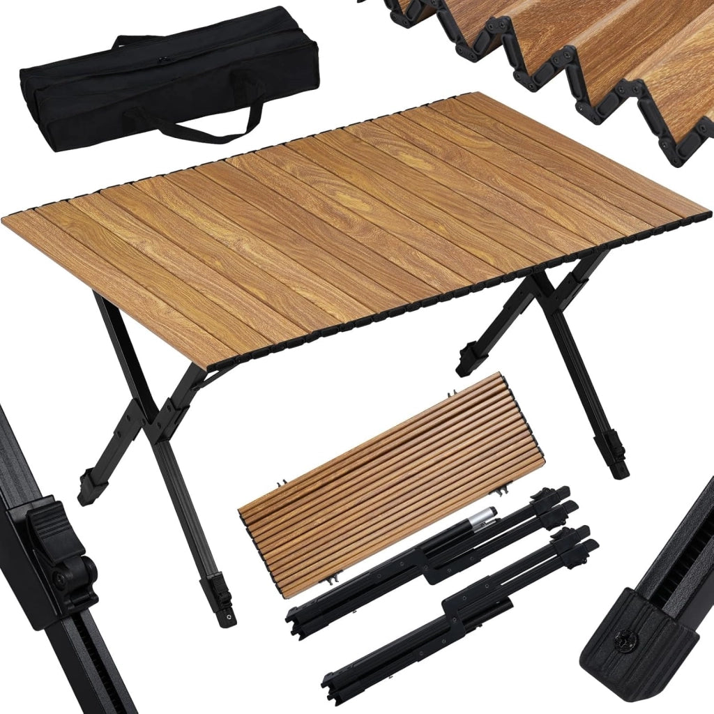 Tavolo da Campeggio Pieghevole Leggero, Tavolo da Esterno Portatile, Altezza Regolabile, Tavolo da Giardino con Piano Arrotolabile in Alluminio, Borsa Portaoggetti, Carico 50kg, Rovere Chiaro