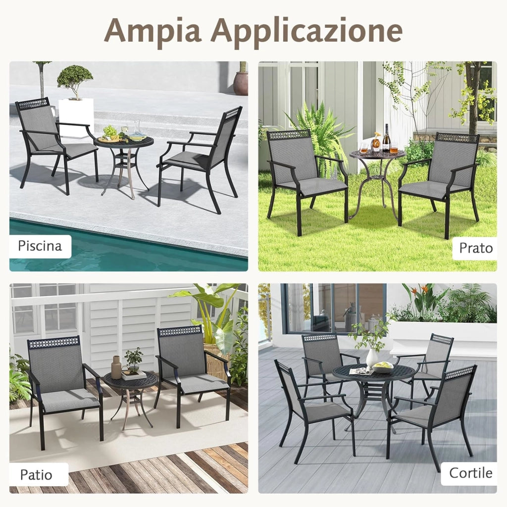 Set di 2 Sedie da Giardino in Textilene, Sedie da Esterno con Schienale Alto, Braccioli, Robusto Telaio in Metallo, Fino a 150 kg, per Patio Terrazza Balcone (Grigio+Nero)