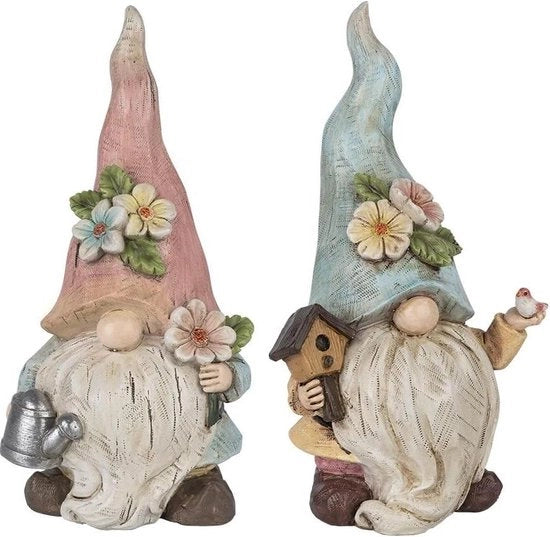 Decorazione estiva per giardino - Figurine decorative gnomi - Coppia con secchiello e casa uccello - Casa e giardino - 23 cm alto - 10 cm largo - 2 pezzi
