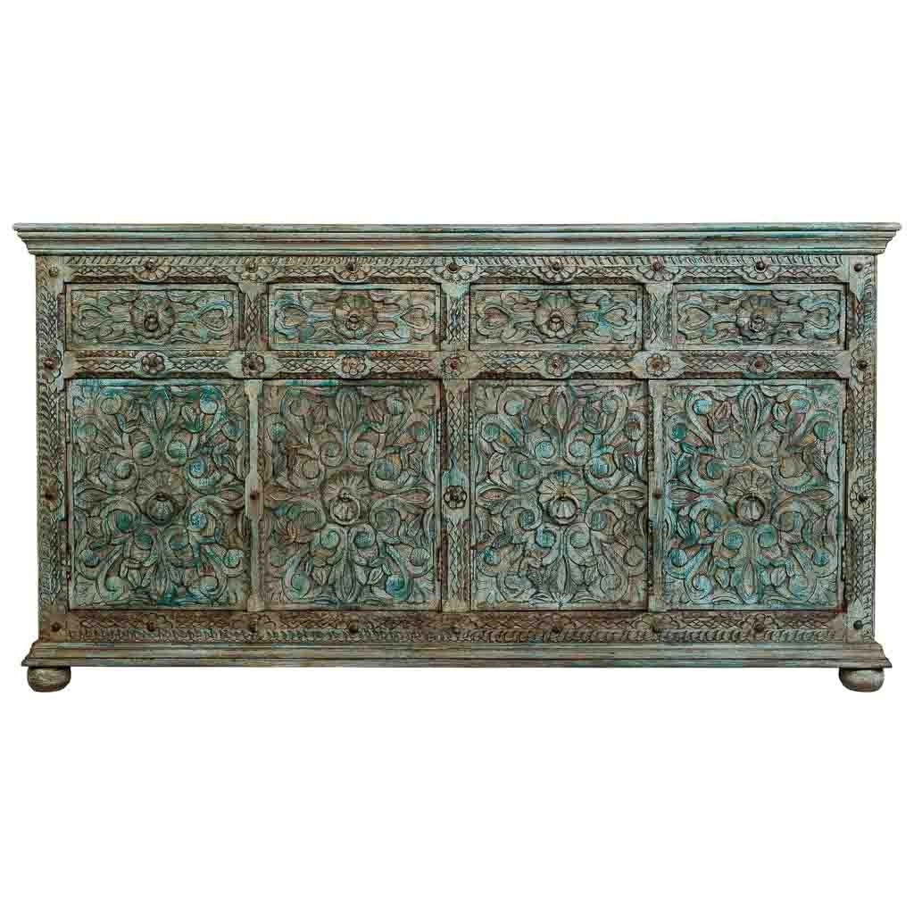 Credenza in legno blu intagliata a mano 180x45x96h cm