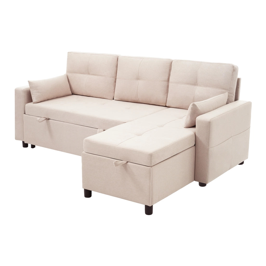 Divano letto angolare modulare 3-4 posti con vano contenitore; tasca e portabicchieri in lino beige 211 Ã— 136 Ã— 87 cm