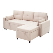 Divano letto angolare modulare 3-4 posti con vano contenitore; tasca e portabicchieri in lino beige 211 Ã— 136 Ã— 87 cm