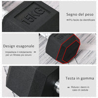 Manubrio 15 kg Esagonale con Impugnatura Antiscivolo Ø15,5 x 33,6 cm in Acciaio e Gomma Nero