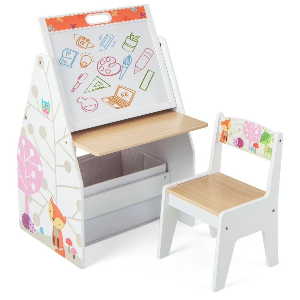 Doppio lato cavalletto per bambini e stazione di gioco-Set tavolo e sedia con lavagna bianca e lavagna magnetica Bianco