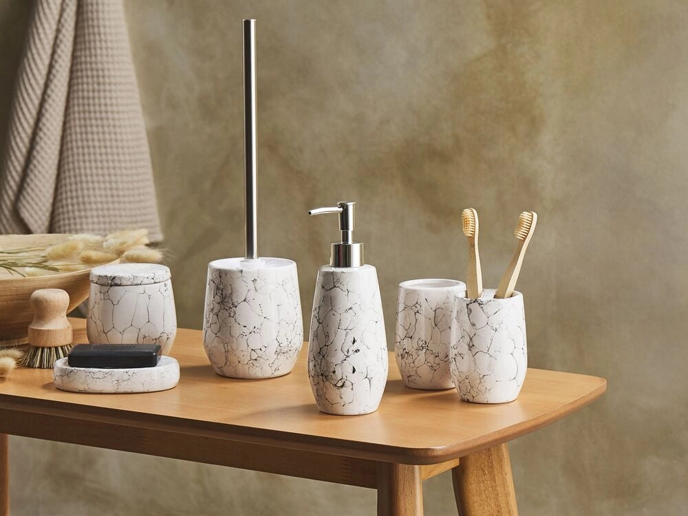 Set di 6 Accessori Bagno in Ceramica bianca dispenser sapone porta sapone bicchiere portaspazzolini contenitore scopino bagno