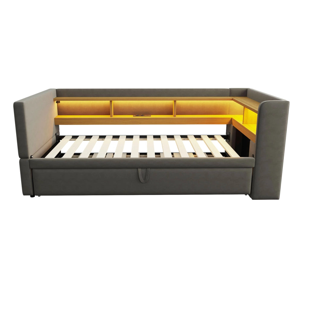 DESMIU Divano letto 90/180 × 190 cm 1 posto con LED, prese e vani, senza materasso, grigio scuro