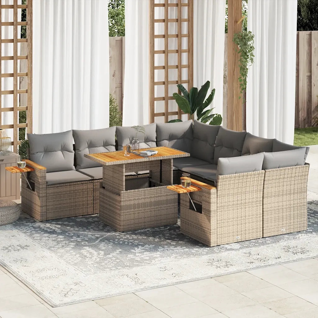 Set Divano da Giardino 9 pz con Cuscini Beige Polyrattan Acacia