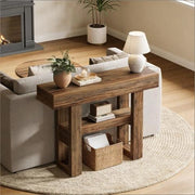 Consolle con 2 ripiani per ingresso e soggiorno, stile rustico, in MDF, marrone, per piccoli spazi, 116 × 35 × 19,5 cm
