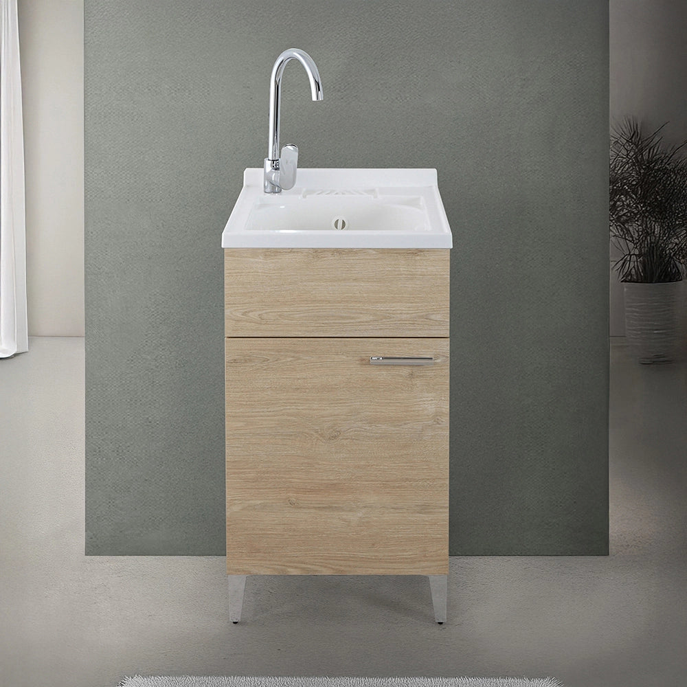 Mobile lavatoio 45x50 cm rovere con vasca in resina e asse lavapanni