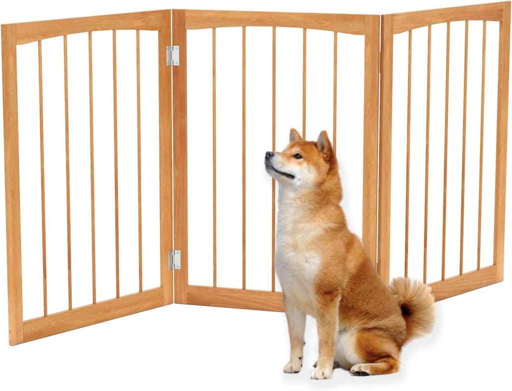 Cancelletto per Cani Pieghevoli 159 x 76 cm, Barriera per Cani in Legno a 3 Pannelli, Recinzione per Scale, Ingressi e Corridoi (Marrone)