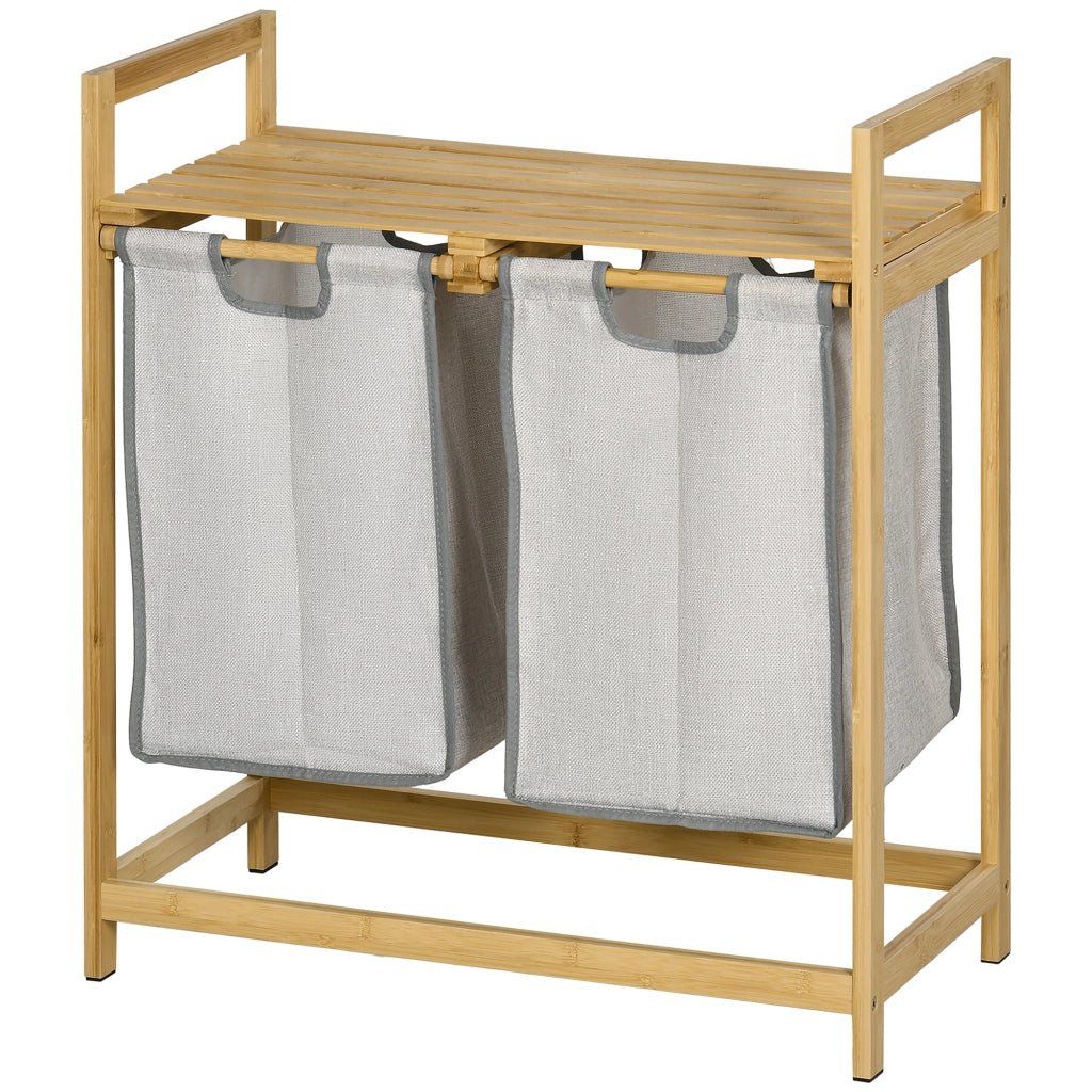 Cestino per Biancheria in Bamb¨´ con 2 Sacchetti Estraibili e Ripiano ¨C Zephmum ¨C 64x33x73 cm Naturale