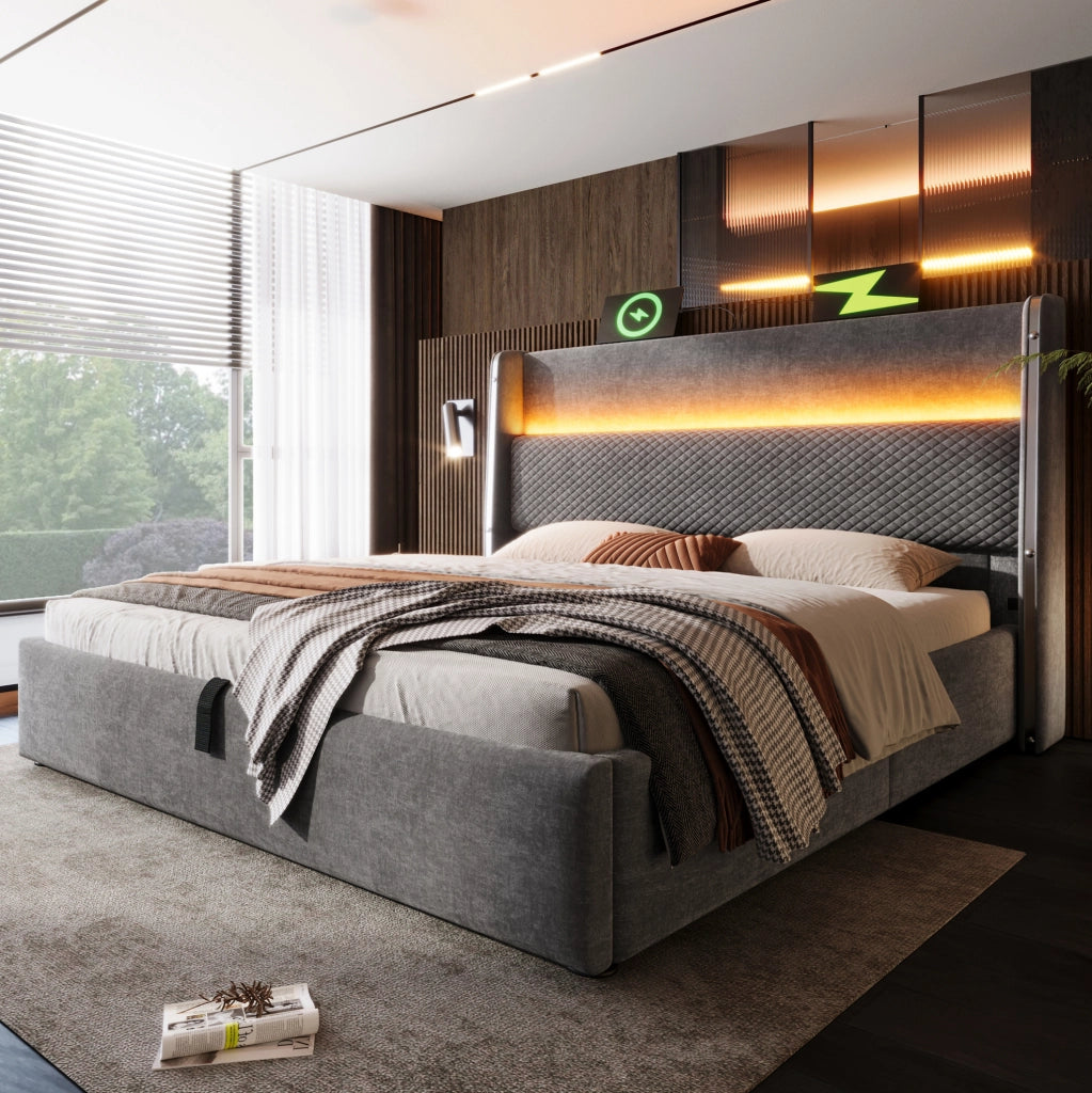 Letto contenitore 180x200 cm con testiera alta; LED e prese USB/Type-C in lino grigio