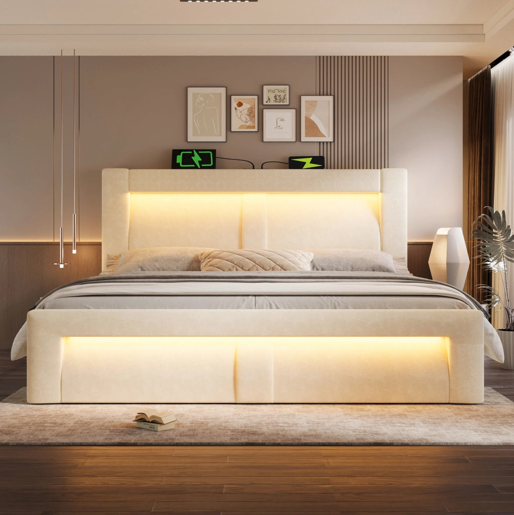 Letto matrimoniale 140x200 cm con contenitore; LED e porte USB/Type-C; in velluto beige