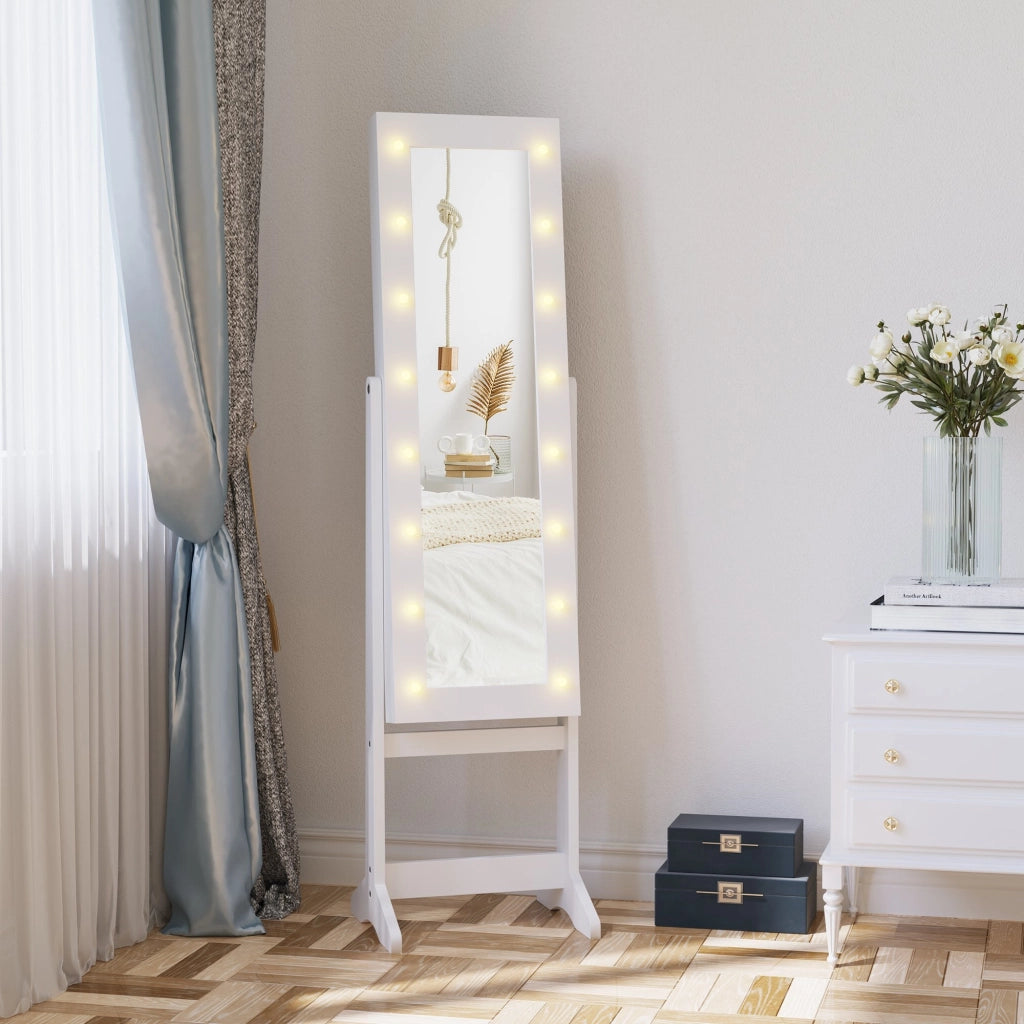 Specchio da Terra Armadio Portagioie Regolabile e Luci LED Bianco 36x30x136 cm