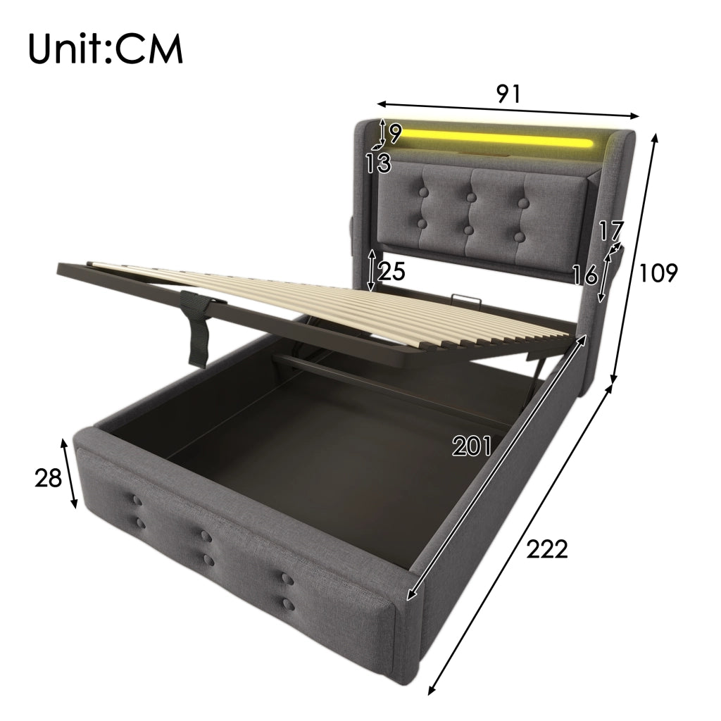 Letto Contenitore Letto Singolo 90 x 200 cm con LED; USB; Tipo C e Ripiano; senza Materasso; Grigio