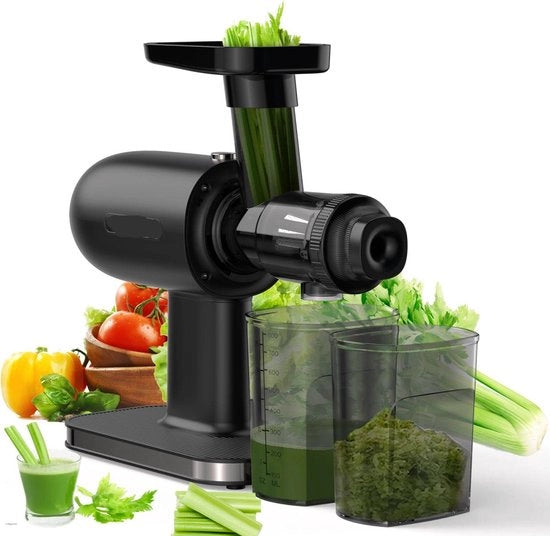 Centrifuga frutta e verdura - Pressione fredda - Lenta centrifuga succhiatrice - Potente motore - Funzione di inversione - Alta produzione succo - Facile da pulire - Set di spazzola e pannelli - Nero