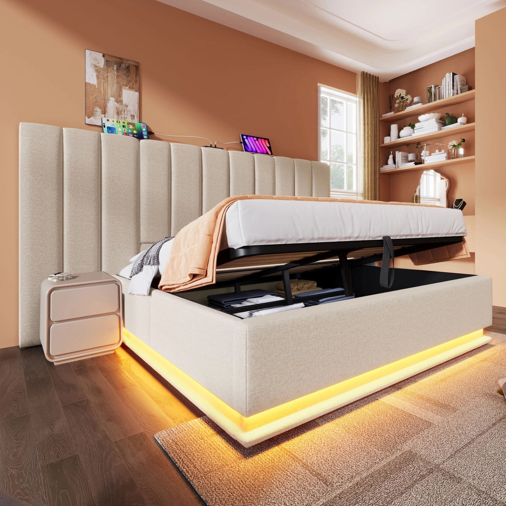 Letti contenitori 160x200 cm; LED 360° e ricarica USB-C; lino; beige (Senza materasso)