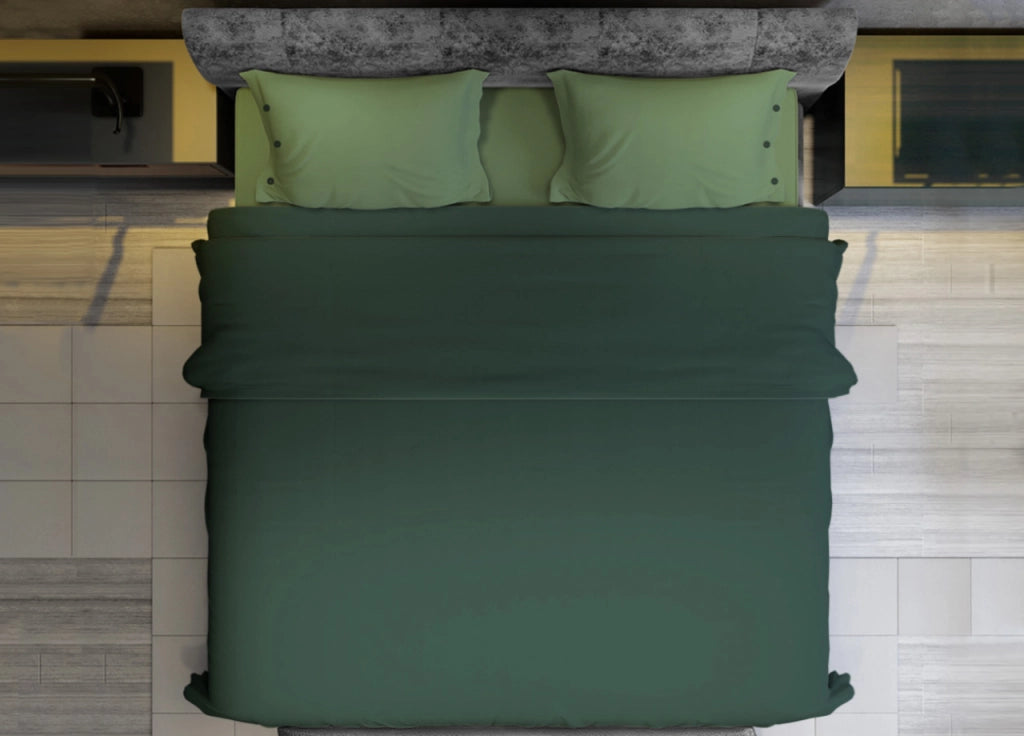 Completo Lenzuola Bicolor Estate Inverno In 100% Cotone Tinta Unita Amici - Singolo - Verde Sottobosco