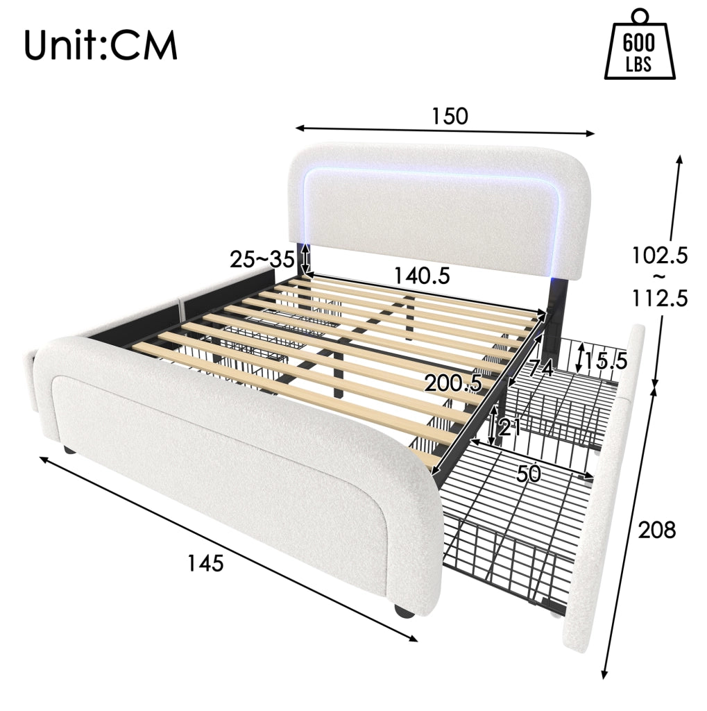 Letto imbottito 140x200 cm bianco con materasso H3, LED, USB-C e 4 cassetti