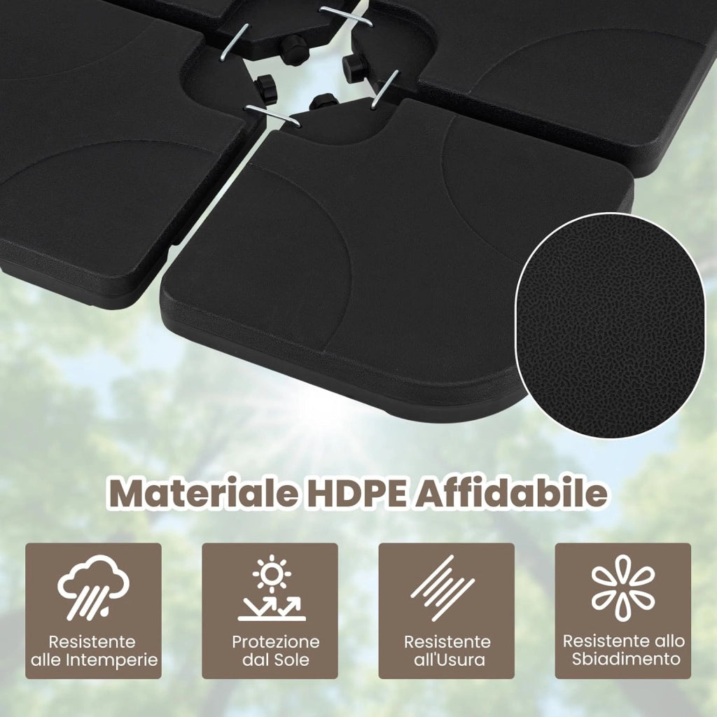 Base per Ombrellone in Plastica a 4 Pezzi, Supporto Ombrellone Riempibile 72 kg con Acaua e Sabbia, con Maniglia e 4 Perni in Meallo, per Patio e Bordo Piscina